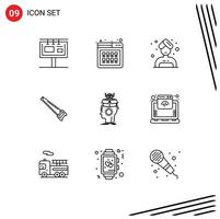 pacote de ícones vetoriais de estoque de 9 sinais e símbolos de linha para ferramentas de compra de sauna de mão elementos de design de vetores editáveis
