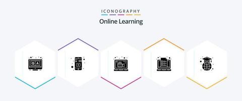 pacote de ícones de 25 glifos de aprendizado on-line, incluindo notas. aprendizado. estudar. computador portátil. lição vetor