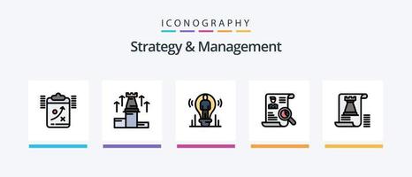 a linha de estratégia e gerenciamento preencheu o pacote de 5 ícones, incluindo forte. estratégia. ferramenta. linha. gráfico. design de ícones criativos vetor
