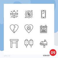 conjunto de 9 sinais de símbolos de ícones de interface do usuário modernos para quebra-cabeça de coração telefone amor iphone elementos de design de vetores editáveis