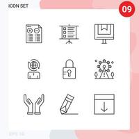 pacote de 9 sinais e símbolos de contornos modernos para mídia impressa na web, como elementos de design de vetores editáveis de gerenciamento de comércio moderno bloqueado