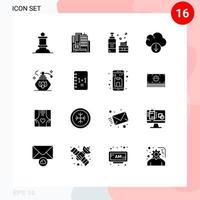 conjunto moderno de 16 glifos e símbolos sólidos, como spray de loção limpa para notebook, download de elementos de design de vetores editáveis
