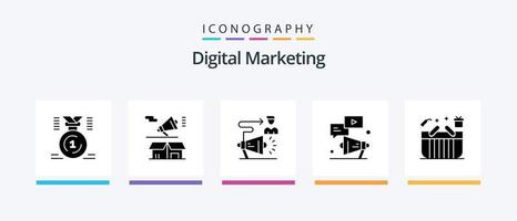 pacote de ícones de glyph 5 de marketing digital, incluindo vídeo. megafone. caixa. anúncio. alvo. design de ícones criativos vetor