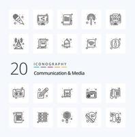 20 comunicação e pacote de ícones de linha de mídia como frequência de fita de vidro de música de comunicação vetor