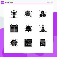 pacote de interface do usuário de 9 glifos sólidos básicos de pirulito de data de sino entre em contato conosco elementos de design de vetores editáveis de calendário