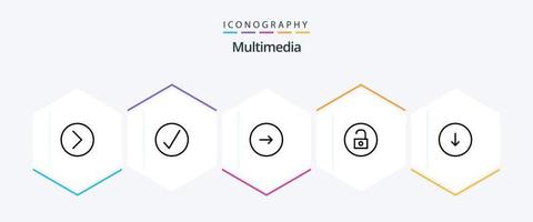 pacote de ícones multimídia de 25 linhas, incluindo seta. reprodutor de mídia. ao controle. meios de comunicação. próximo vetor