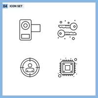 4 cores planas de linhas preenchidas de vetores temáticos e símbolos editáveis de teclas de filme de alvo de câmera, elementos de design de vetores editáveis por computador