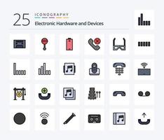 Pacote de ícones preenchidos com 25 linhas de dispositivos, incluindo entretenimento. telefone. bateria. móvel. chamar vetor