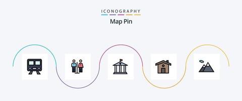 linha de pinos de mapa preenchida com 5 ícones planos, incluindo . montanha. banco. acampamento. casa vetor
