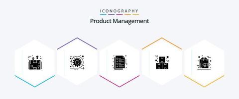 pacote de ícones de 25 glifos de gerenciamento de produtos, incluindo indústria. caixa. corrida. página. arquivo vetor