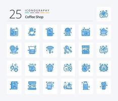 coffee shop 25 pacote de ícones de cor azul, incluindo calendário. localização. bebida. café. lista vetor
