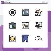 pacote de interface de usuário de 9 cores planas básicas de linhas preenchidas de elementos de design de vetor editável de câmera digital de programação de fotos de navegador
