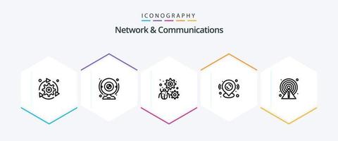 pacote de ícones de 25 linhas de rede e comunicações, incluindo localização. alfinete. computador. engrenagem. erro vetor