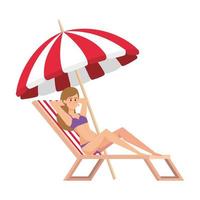 linda garota relaxando em uma cadeira de praia com o personagem avatar nadador vetor