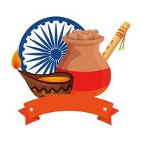 jarra de cerâmica indiana com comida e ícones decorativos vetor