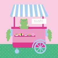 design kawaii fofo com carrinho de sushi e sapo vetor