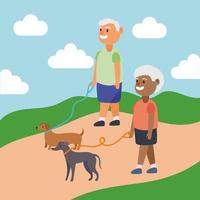 casal de idosos inter-raciais passeando com cachorros, personagens idosos ativos vetor
