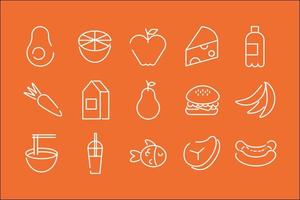 pacote de quinze ícones de comida em um fundo laranja vetor