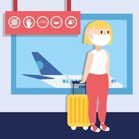 cartaz da campanha de viagem segura com mulher viajante usando máscara facial no aeroporto vetor