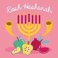 feliz celebração de Rosh Hashaná com lustre e frutas vetor