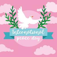 letras do dia internacional da paz com pomba voando e ramos vetor