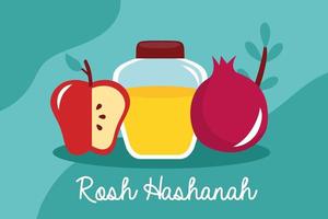feliz celebração de Rosh Hashaná com pote de mel e frutas vetor