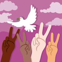 letras do dia internacional da paz com pomba e mãos inter-raciais vetor