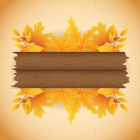 banner de outono com folhagem e etiqueta de madeira vetor