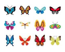 conjunto de ícones lisos de borboletas fofas