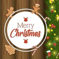 cartão de feliz natal com biscoitos de gengibre no fundo de madeira vetor