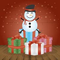 cartão de feliz natal com presentes e boneco de neve vetor