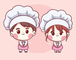 fofos chefs de padaria menino e menina dão as boas-vindas a ilustração sorridente da arte vetor