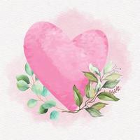 aquarela coração rosa com folhas e flores vetor