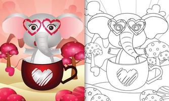 livro de colorir para crianças com um elefante fofo na xícara para o dia dos namorados vetor