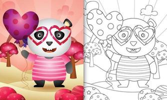 livro de colorir para crianças com um panda fofo segurando um balão para o dia dos namorados vetor