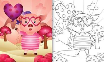 livro de colorir para crianças com um porco fofo segurando um balão para o dia dos namorados vetor