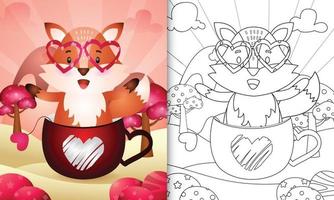 livro de colorir para crianças com uma raposa fofa no copo para o dia dos namorados vetor