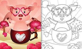 livro de colorir para crianças com um porco fofo no copo para o dia dos namorados vetor