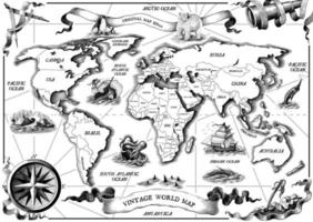 mapa do velho mundo vintage mão desenhar gravura estilo arte preto e branco isolado no fundo branco vetor