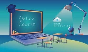 aprendizagem de aplicativo de educação online em todo o mundo no computador, plano de fundo do site móvel. conceito de distância social. o curso de treinamento em sala de aula, ilustração vetorial de biblioteca plana vetor