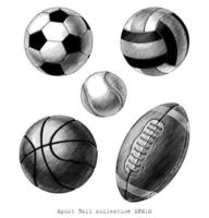 coleção bola esporte mão desenhada arte preto e branco estilo vinatge isolado no fundo branco vetor