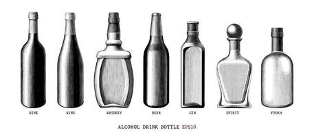 Álcool bebida garrafa coleção desenhada à mão estilo vintage arte preto e branco isolado no fundo branco vetor