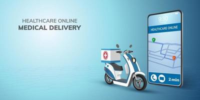 entrega de médico de transporte de saúde on-line digital em scooter com pino de mapa e localização no conceito de telefone móvel para saúde emergencial vetor