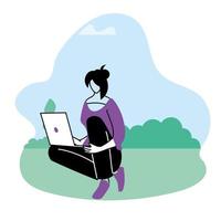 jovem mulher com laptop no parque vetor