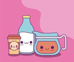 desenho vetorial de garrafa de leite e caneca de café kawaii vetor