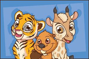 tigre fofo com personagens de quadrinhos de esquilo e girafa vetor