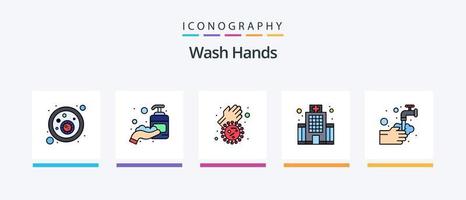 linha de lavar as mãos cheia de 5 ícones, incluindo loção. médico. vírus. mãos. quarentena. design de ícones criativos vetor