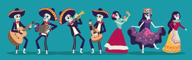 cartão dia de los muertos com skuls mariachis e catrina vetor