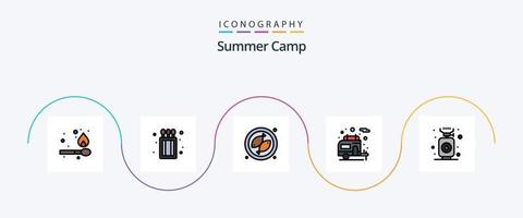 linha de acampamento de verão cheia de pacote de ícones de 5 planos, incluindo . forno. encontrar. gás. acampamento vetor