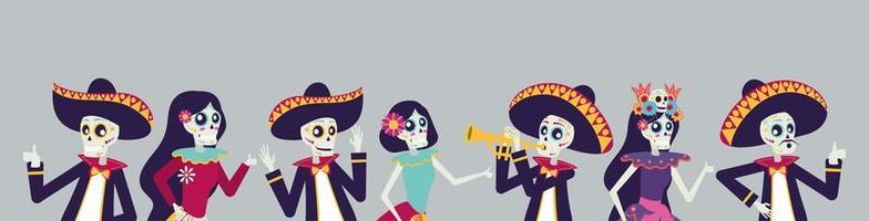 cartão dia de los muertos com skuls mariachis e catrina vetor